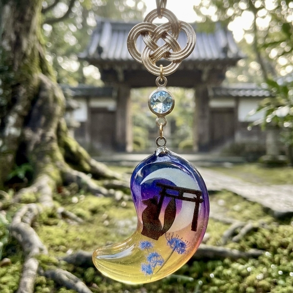 夕暮れに佇むお狐様と蓄光三日月の勾玉ネックレス|蒼彼岸花・鳥居・和風レジン