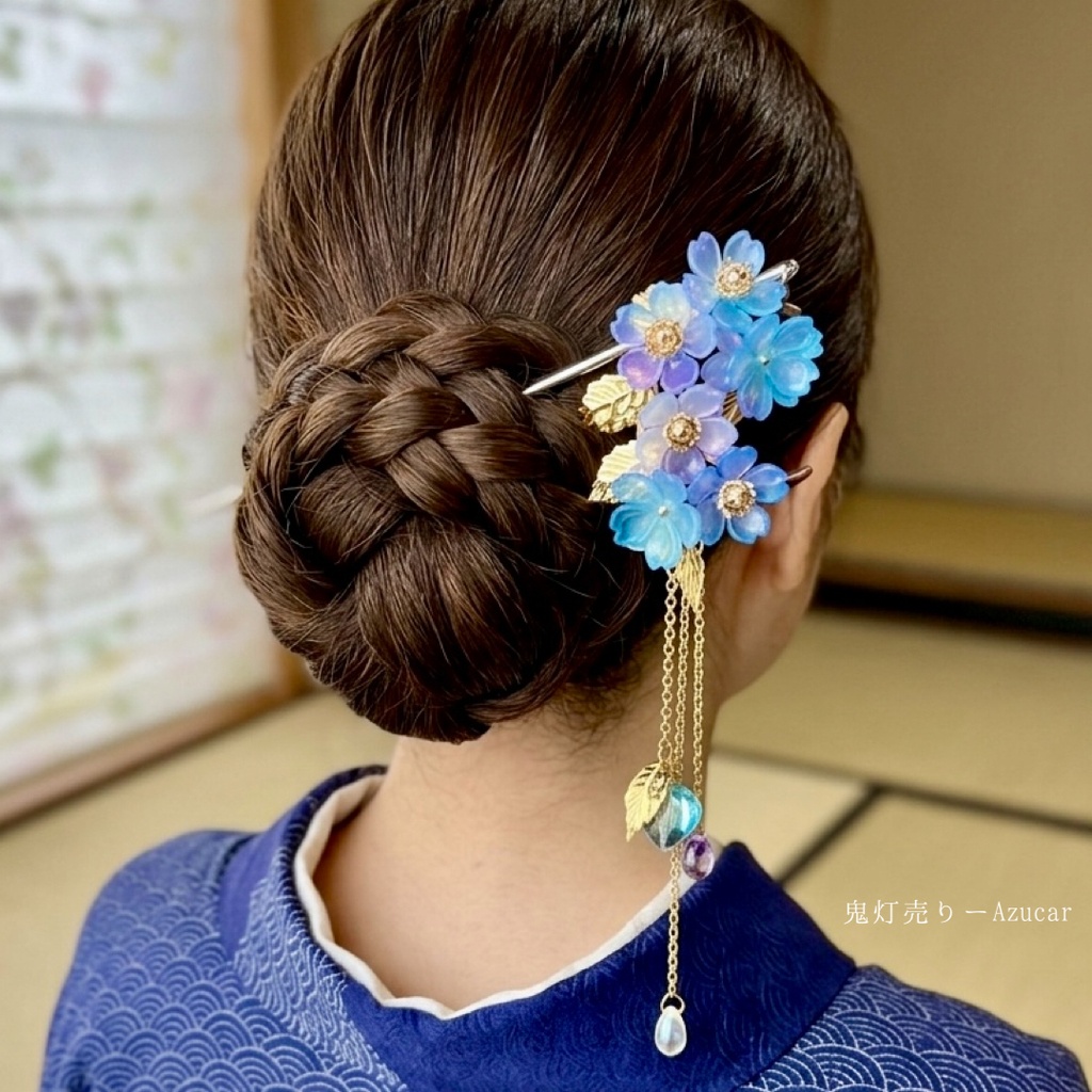 再販未定　紫陽花色の幻想花束かんざし｜鬼灯と雫の和風アクセサリー