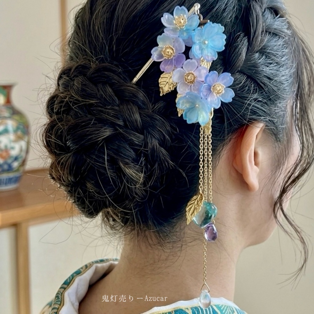 再販未定 紫陽花色の幻想花束かんざし|鬼灯と雫の和風アクセサリー