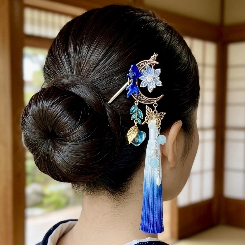 金魚と蓮の三日月簪 青タッセル 鬼灯と蝶の和風髪飾り 着物 浴衣 お祭り