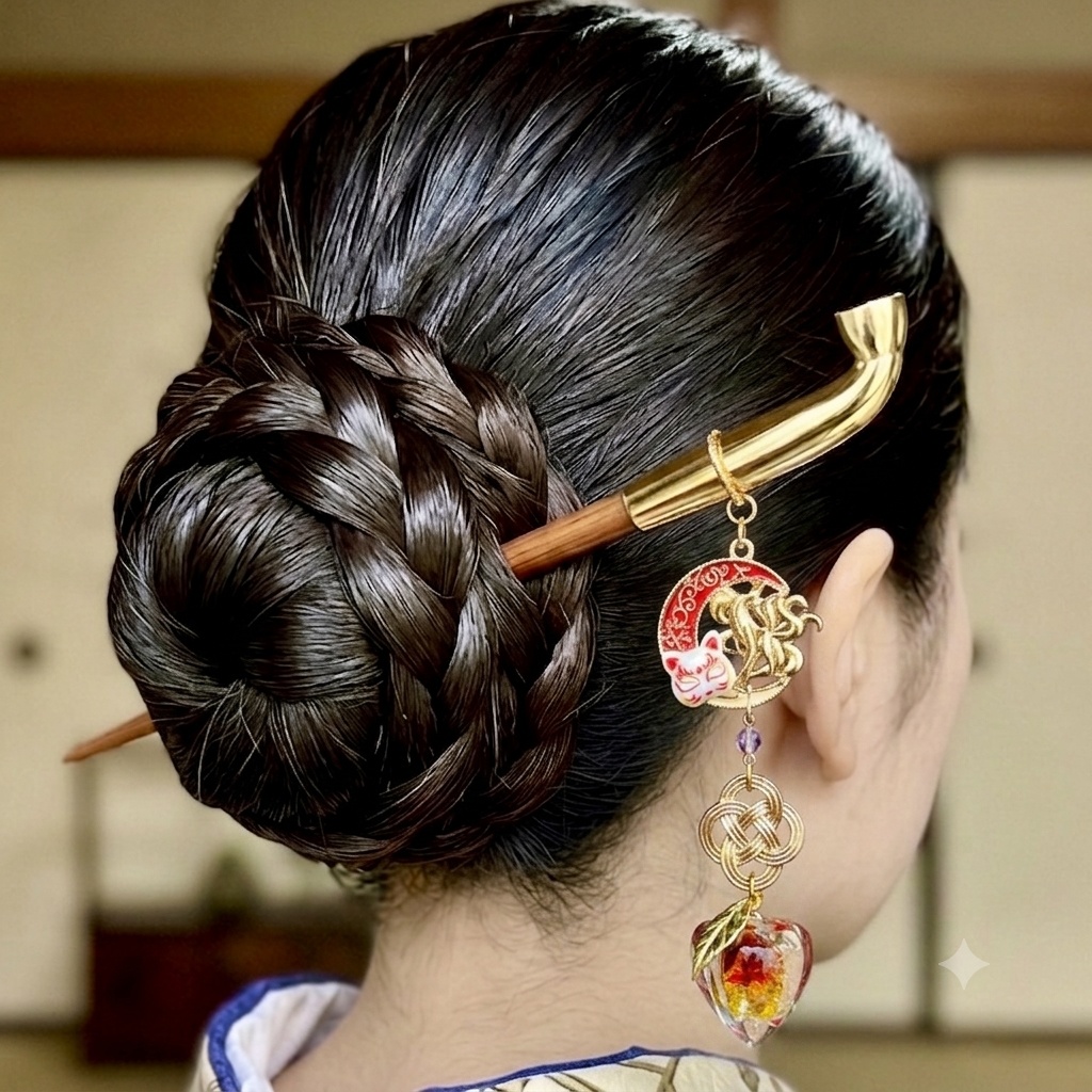 【再販未定】九尾狐と蓄光鬼灯の煙管簪―彼岸花と狐面―着物 浴衣 袴 お祭り 花火大会 和装小物