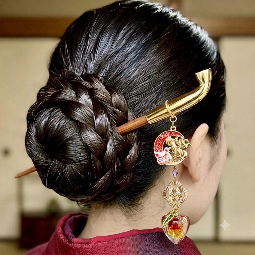【再販未定】九尾狐と蓄光鬼灯の煙管簪―彼岸花と狐面―着物 浴衣 袴 お祭り 花火大会 和装小物