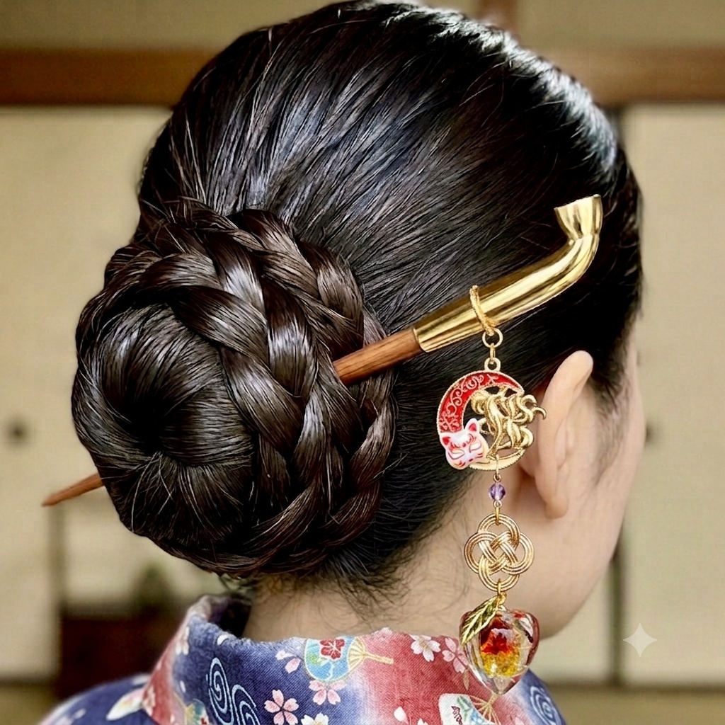 【再販未定】九尾狐と蓄光鬼灯の煙管簪―彼岸花と狐面―着物　浴衣　袴　お祭り　花火大会　和装小物