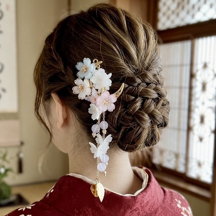 三色の花 三日月の蝶々と鬼灯簪 UVカラーチェンジビーズ 和装 浴衣 着物
