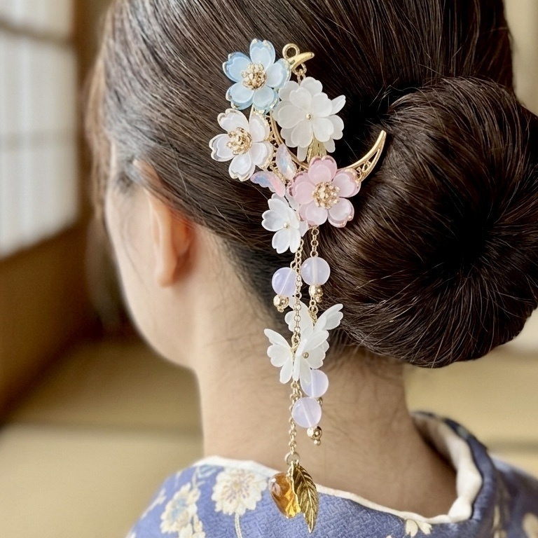 三色の花 三日月の蝶々と鬼灯簪 UVカラーチェンジビーズ 和装 浴衣 着物