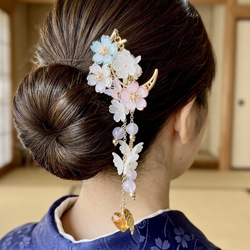 三色の花 三日月の蝶々と鬼灯簪　UVカラーチェンジビーズ 和装 浴衣 着物
