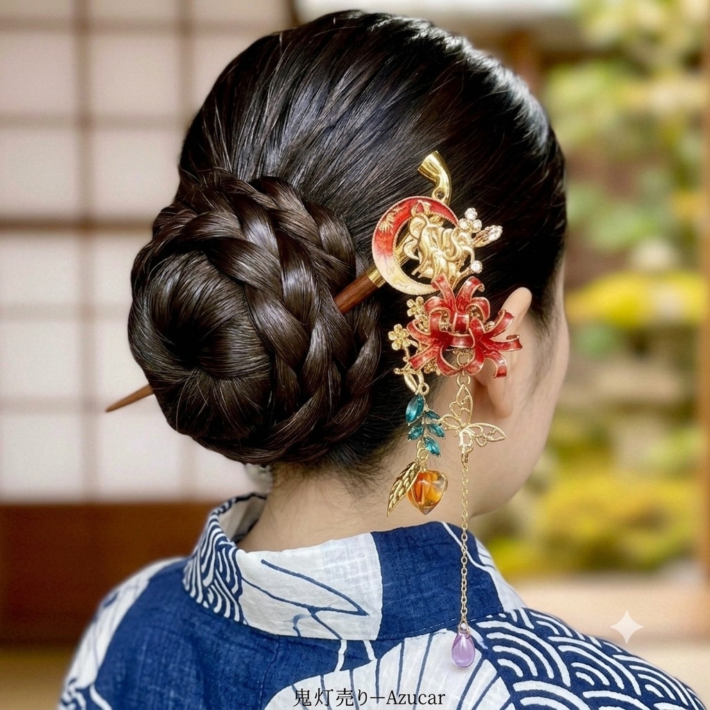 九尾狐と彼岸花のキセルかんざし 三日月 唐草 鬼灯 蝶 和風 レジン 着物 浴衣