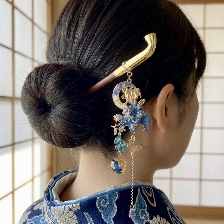 九尾狐と蒼い彼岸花のキセル簪|蓄光ホタルガラス×鬼灯×蝶々*幻想和装アクセサリー