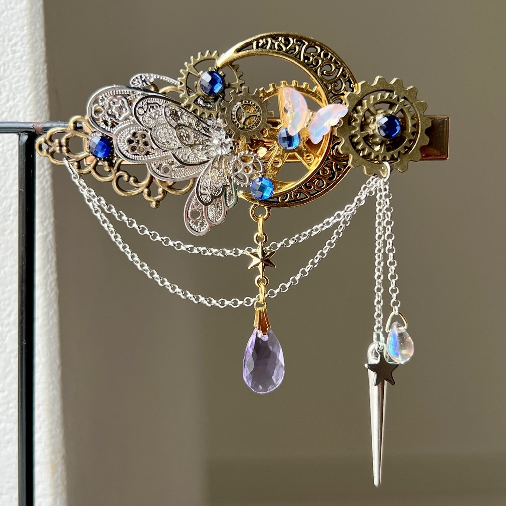 再販未定 月の歯車と銀蝶の魔法 ヘアクリップ★三日月 スチームパンク 蝶々 星 カラーチェンジ 雫