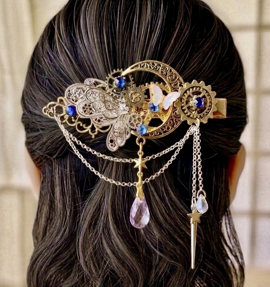 再販未定 月の歯車と銀蝶の魔法 ヘアクリップ★三日月 スチームパンク 蝶々 星 カラーチェンジ 雫