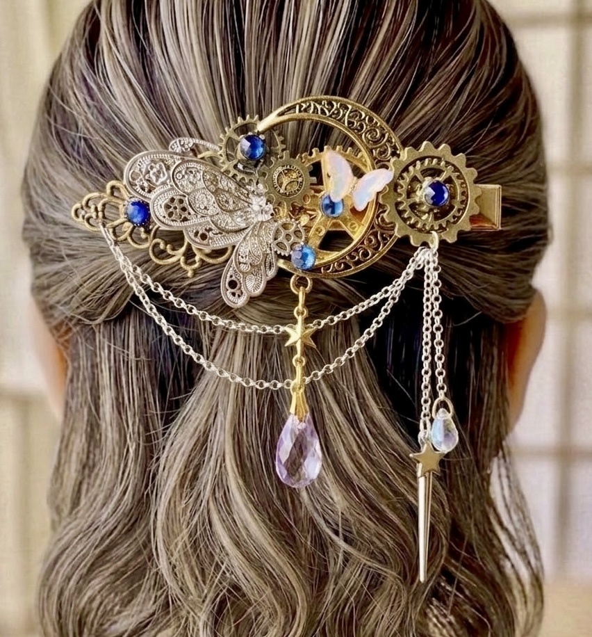 再販未定 月の歯車と銀蝶の魔法 ヘアクリップ★三日月 スチームパンク 蝶々 星 カラーチェンジ 雫