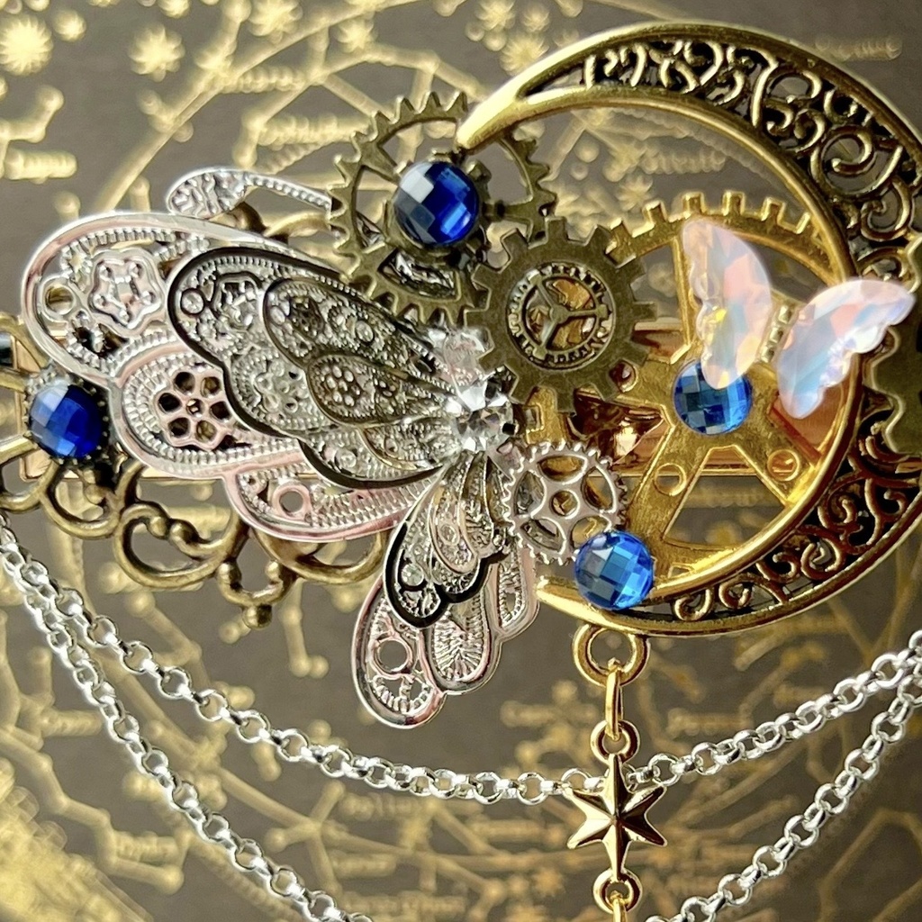 再販未定 月の歯車と銀蝶の魔法 ヘアクリップ★三日月 スチームパンク 蝶々 星 カラーチェンジ 雫