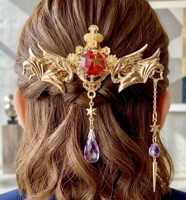 一点物 時を司る魔法使いのティアラ 星と羽根の幻想ヘアクリップ