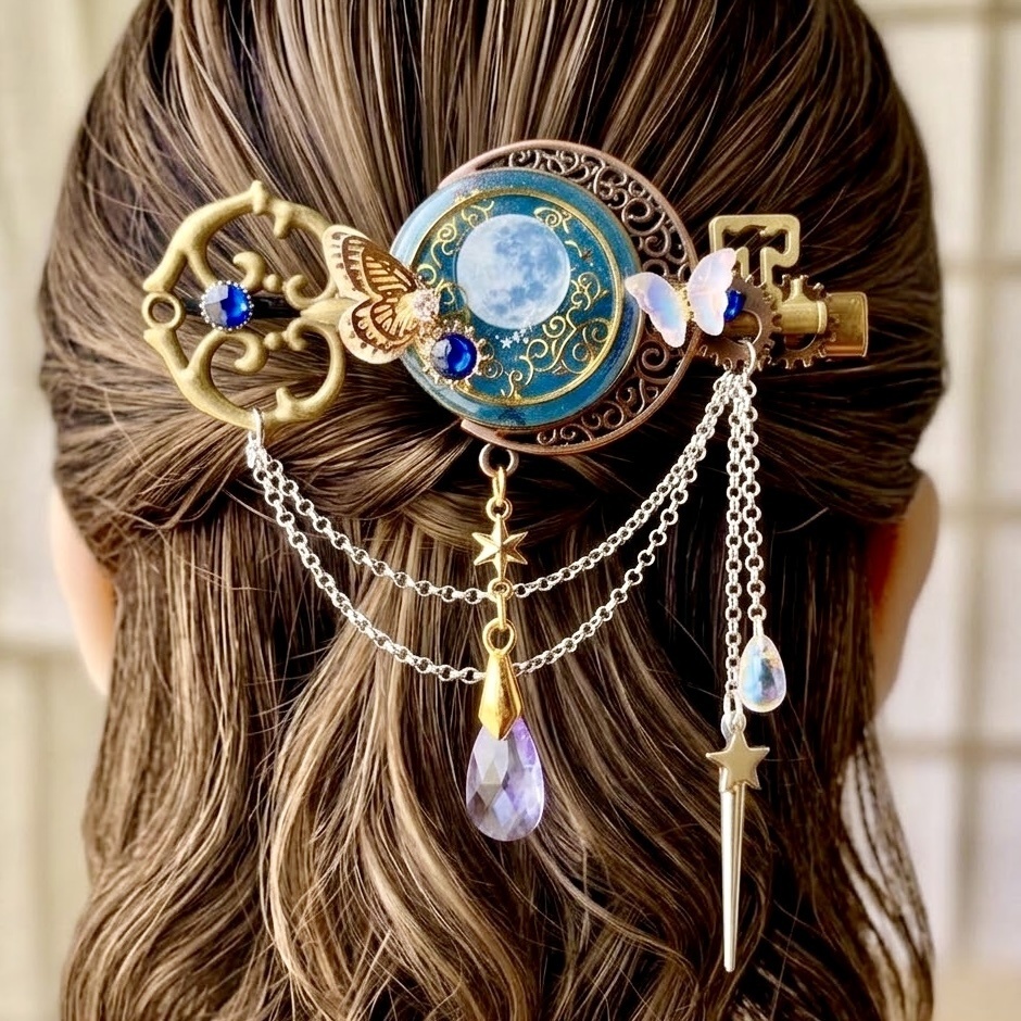 再販未定 満月を閉じ込めた魔法の鍵 蝶々と歯車の蒼い天体ヘアクリップ