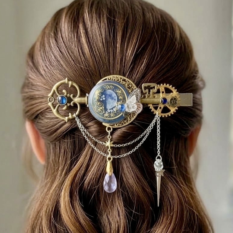 再販未定★上弦の月と蒼の鍵 魔法仕掛けの蓄光ヘアクリップ 蝶 歯車 星