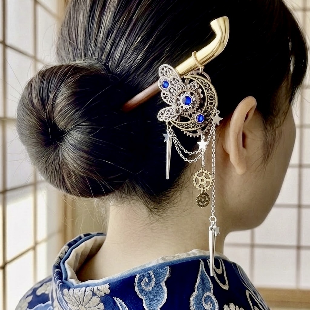 【再販未定】月の鍵を開けると―歯車と蝶が雫を生み出す三日月ヘアクリップ