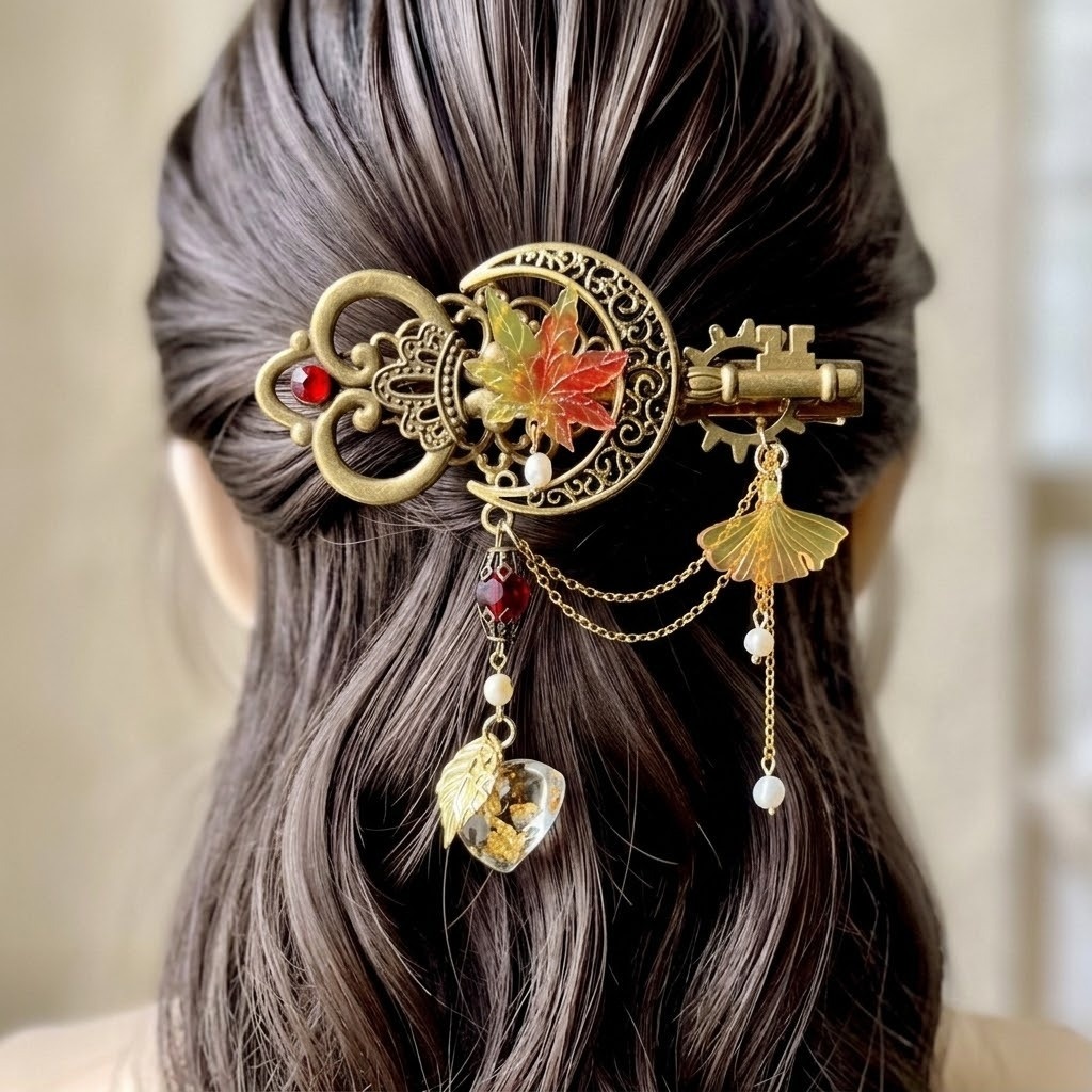 【秋冬限定】紅葉の向こうに灯る鬼灯|三日月と銀杏のアンティークヘアクリップ
