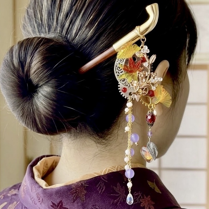 【季節限定】秋彩と蓄光鬼灯のアンティークキセルかんざし|紅葉・銀杏・歯車