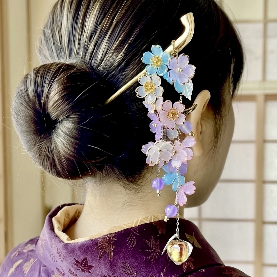 花咲く鬼灯 蓄光オレンジホタルガラス 和風アンティークかんざし