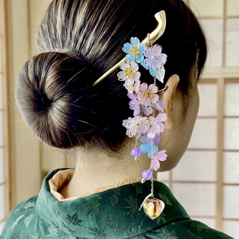 花咲く鬼灯 蓄光オレンジホタルガラス 和風アンティークかんざし