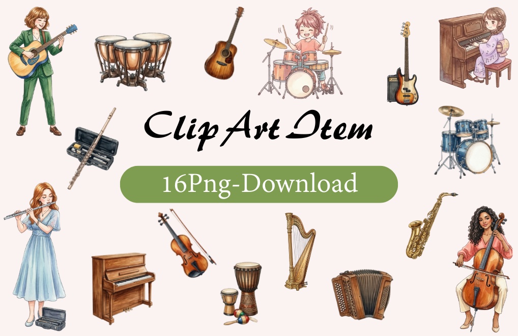 【水彩パステル】いろんな楽器と少女のクリップアート豪華16点セット（背景透過PNG）