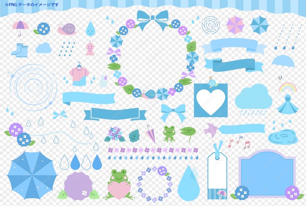 梅雨の雨や自然をイメージしたイラストとフレームあしらいのセットです。