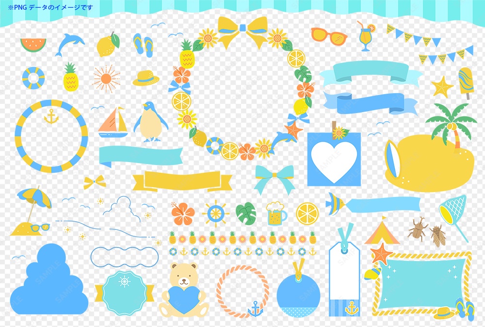 夏のイラストとフレームあしらいセット