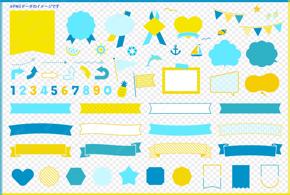 夏のイラストアイコンとフレーム、リボンバナーのデザインセット