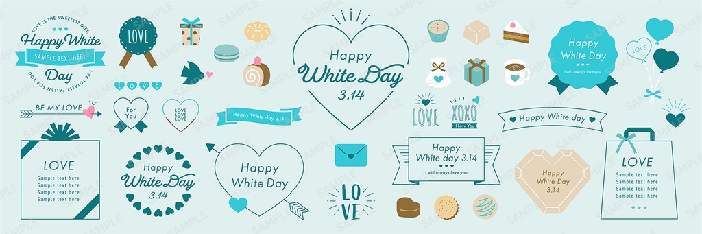 シンプルなホワイトデーのイラストとフレームあしらいセット【ブルー】