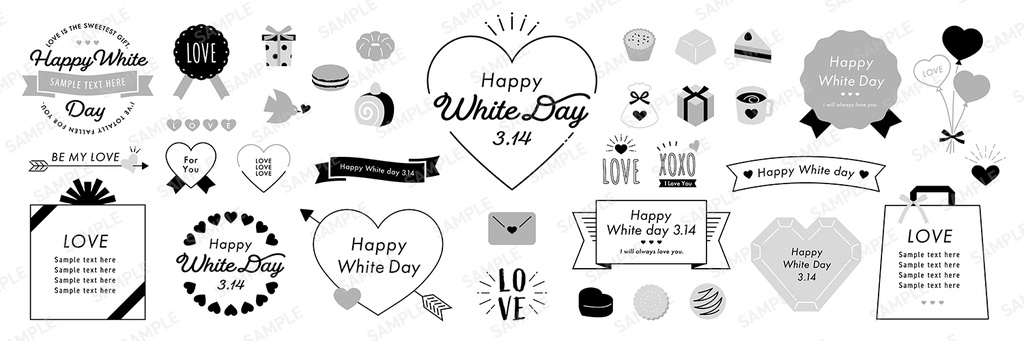 シンプルなホワイトデーのイラストとフレームあしらいセット【モノクロ】