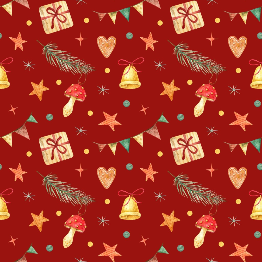 【クリスマスデジタルペーパー】そりと雪降るクリスマスの街|水彩画・サンタ・赤背景・シームレスパターン・緑背景|PNG