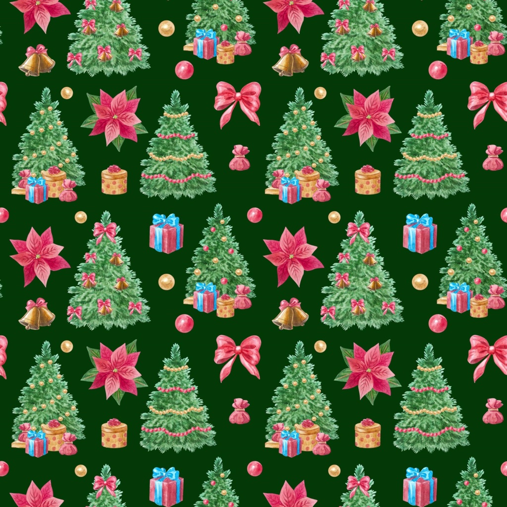 【クリスマスデジタルペーパー】そりと雪降るクリスマスの街|水彩画・サンタ・赤背景・シームレスパターン・緑背景|PNG