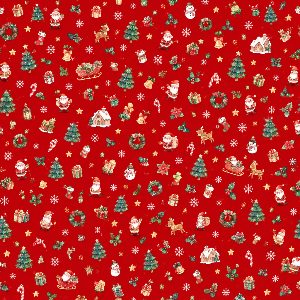 【クリスマスデジタルペーパー】そりと雪降るクリスマスの街|水彩画・サンタ・赤背景・シームレスパターン・緑背景|PNG