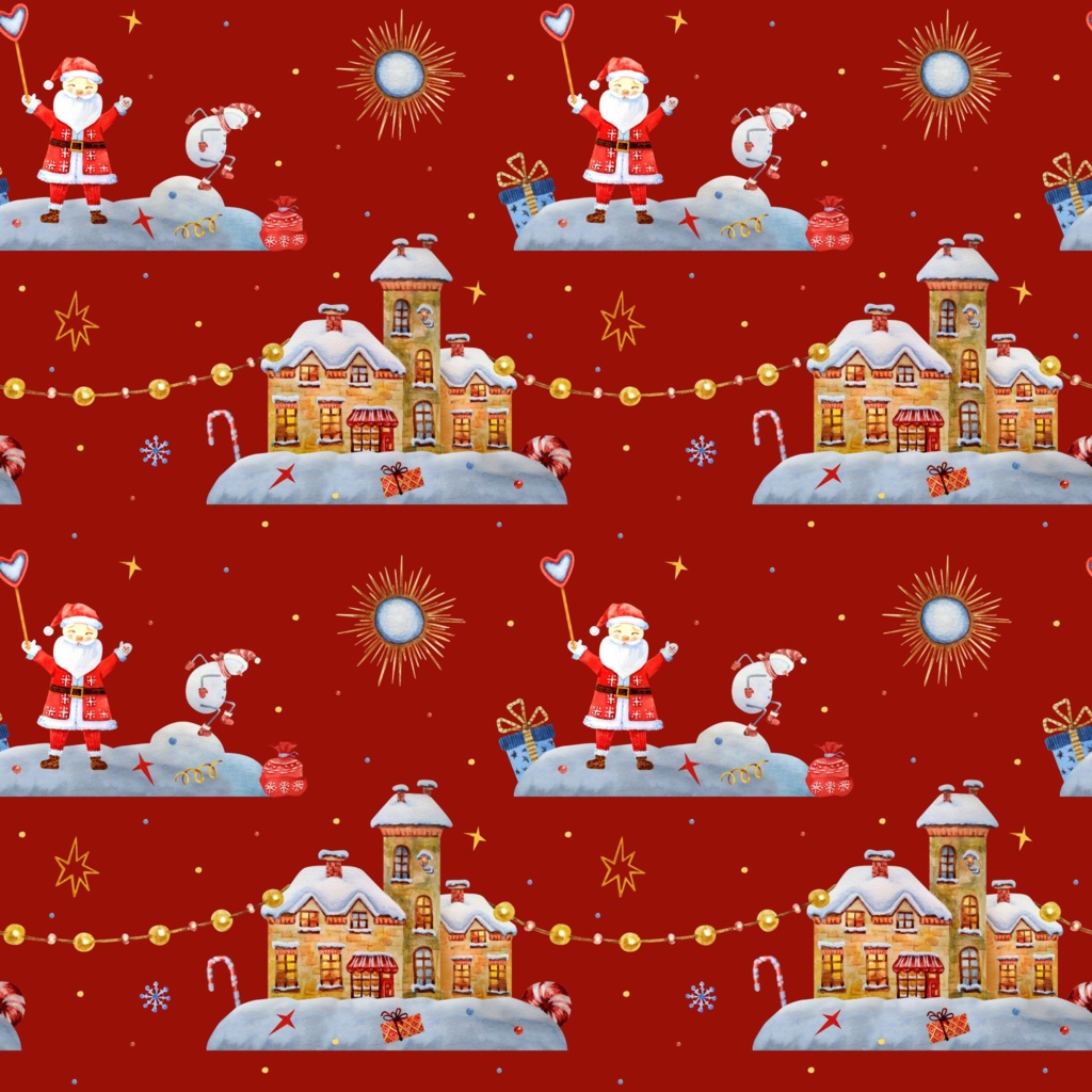 【クリスマスデジタルペーパー】そりと雪降るクリスマスの街|水彩画・サンタ・赤背景・シームレスパターン・緑背景|PNG