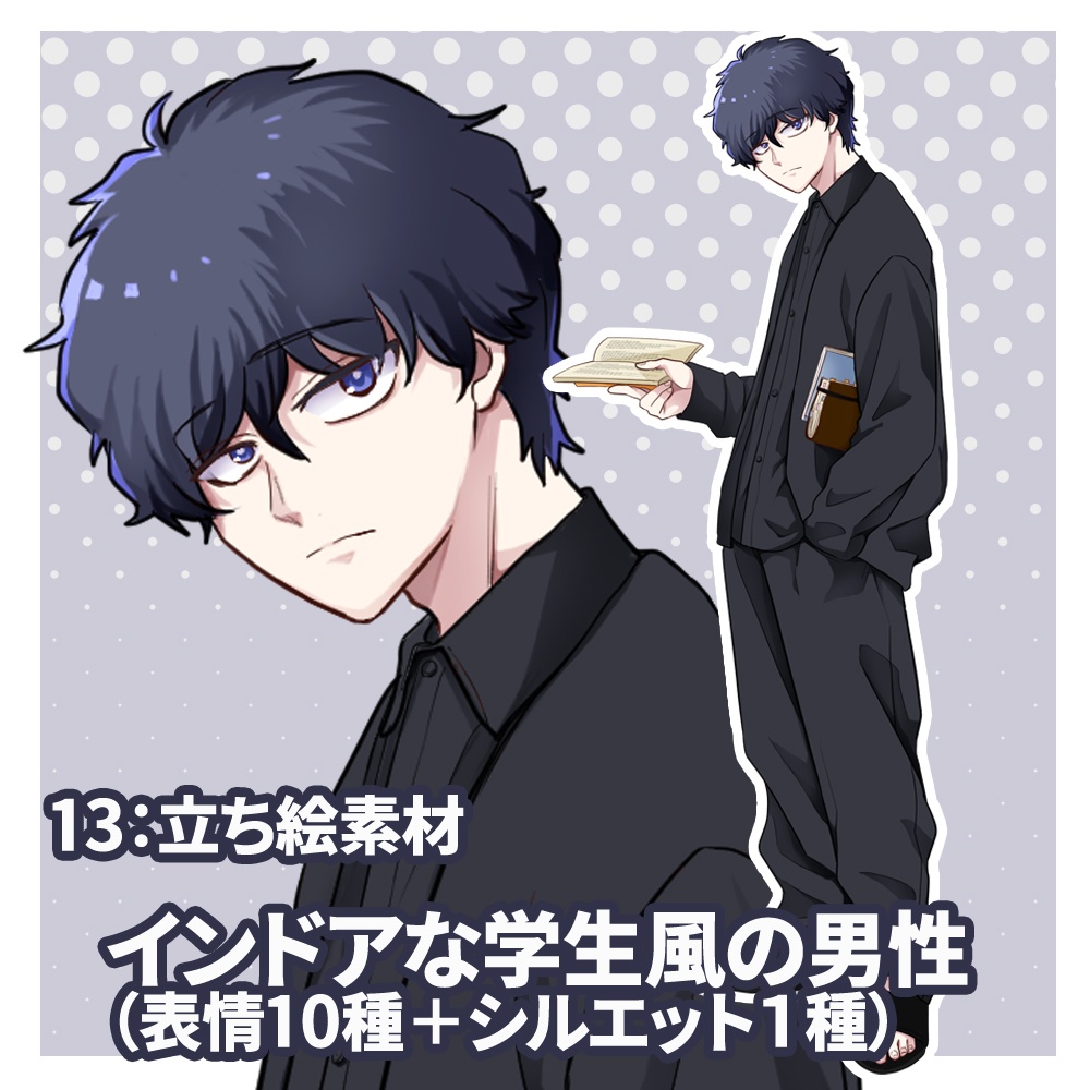 立ち絵素材(インドアな学生風の男性 10種類+1)