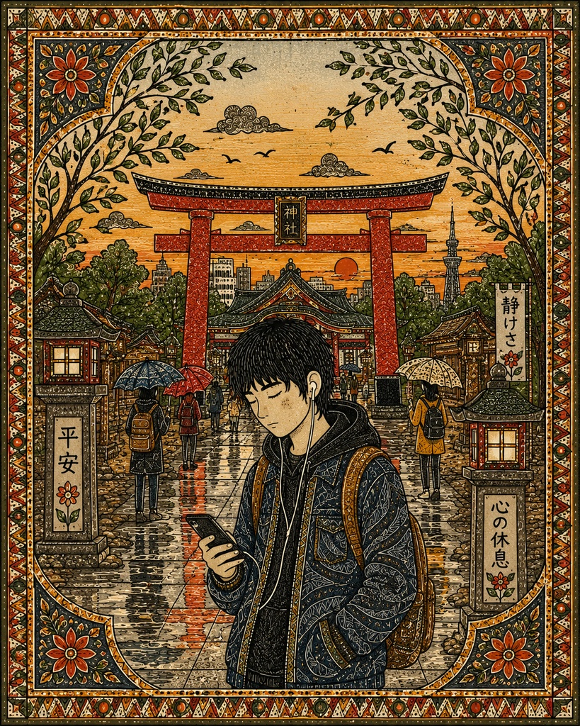 神社でイヤホンしてる若者