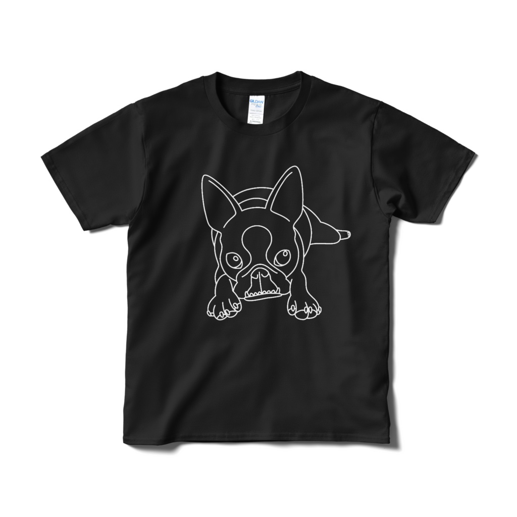 Tシャツ（短納期）-ブラック-ボストンテリアのコチ(白ライン)[v2.7.5k]