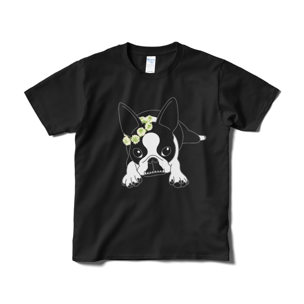 Tシャツ（短納期）-ボストンテリアのコチ(花冠/濃背景用)[v2.7.5k]