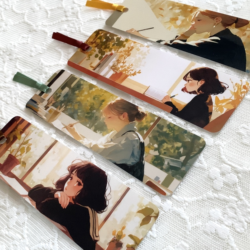 窓辺で本を読む女の子のしおり 4デザインから1枚選択