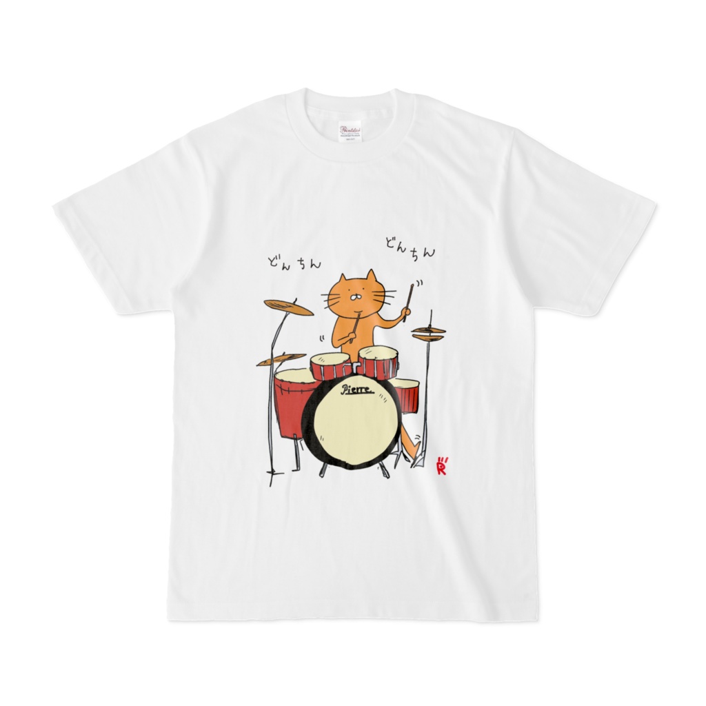 ドラムを叩く猫Tシャツカラー版