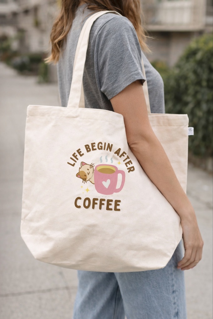 【LIFE BEGIN AFTER COFFEE】カフェ柄トートバッグ Lサイズ ナチュラル コットン エコバッグ おしゃれ かわいい