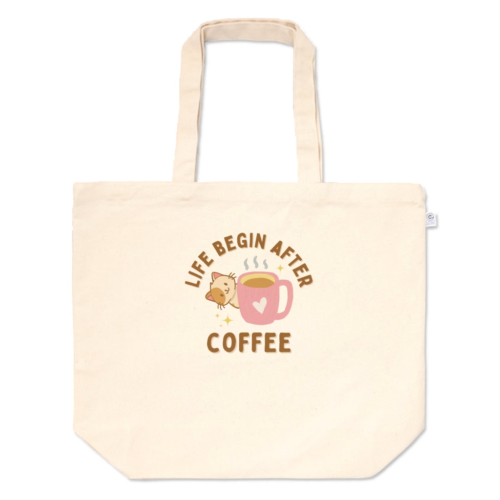 【LIFE BEGIN AFTER COFFEE】カフェ柄トートバッグ Lサイズ ナチュラル コットン エコバッグ おしゃれ かわいい