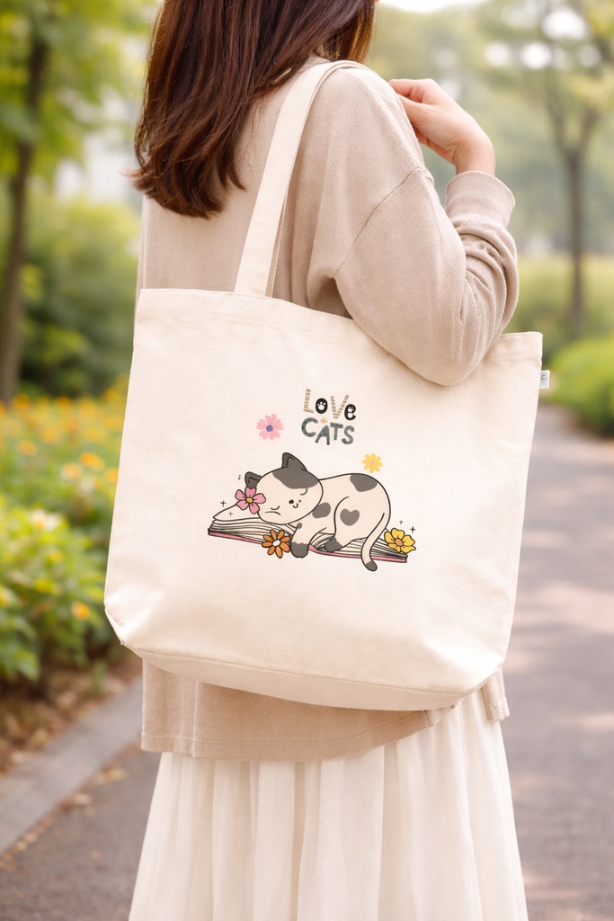 猫イラスト入りキャンバストートバッグ(Lサイズ)|ナチュラルカラー・普段使いにぴったり