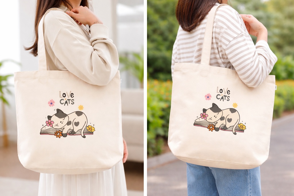 猫イラスト入りキャンバストートバッグ(Lサイズ)|ナチュラルカラー・普段使いにぴったり