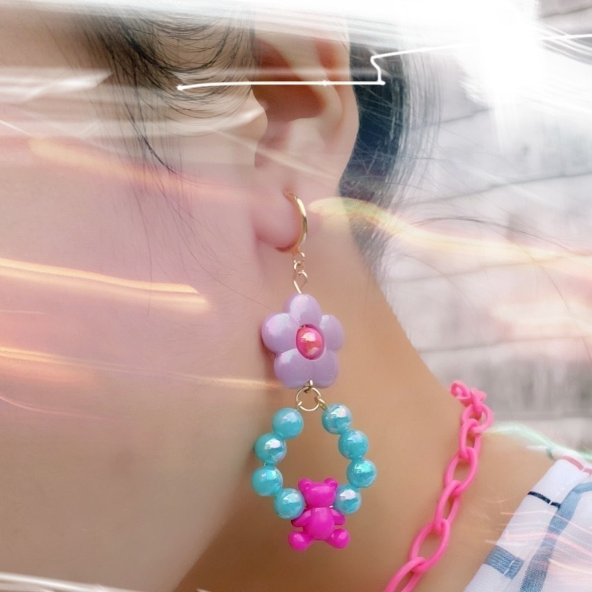 ビビッドくまちゃん耳飾り<ピンク>