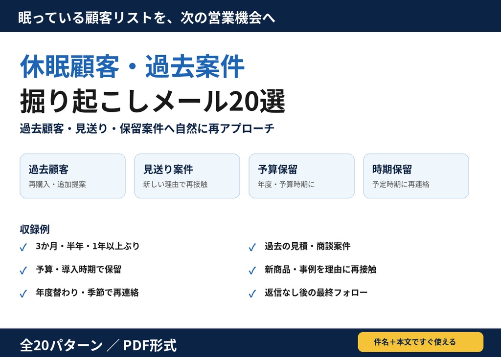 休眠顧客・過去案件の掘り起こしメール20選｜見送り・保留案件へ自然に再アプローチできるBtoB営業テンプレート