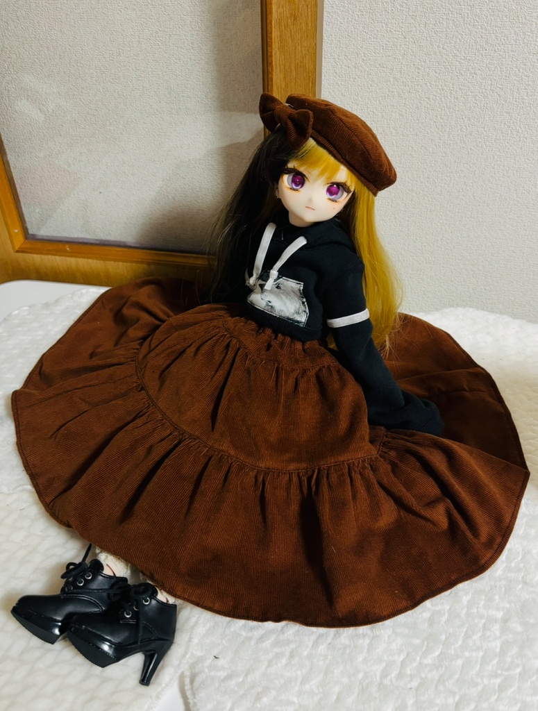 《ワケアリ品》三段ティアードスカート&ベレー帽セット(ダークブラウン)