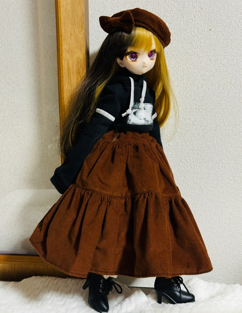 《ワケアリ品》三段ティアードスカート&ベレー帽セット(ダークブラウン)