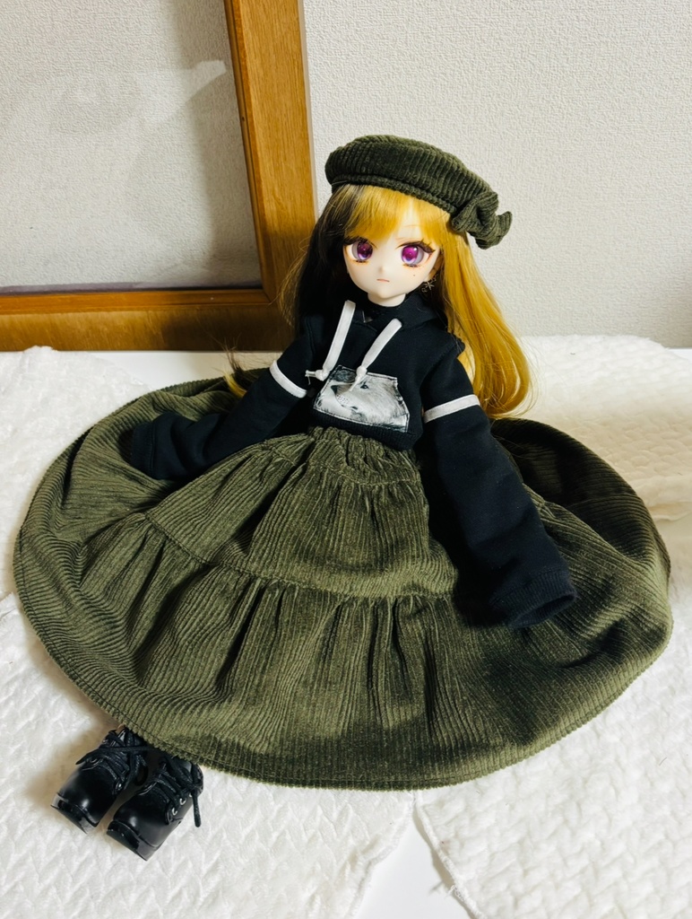 三段ティアードスカート+ベレー帽セット(カーキ)