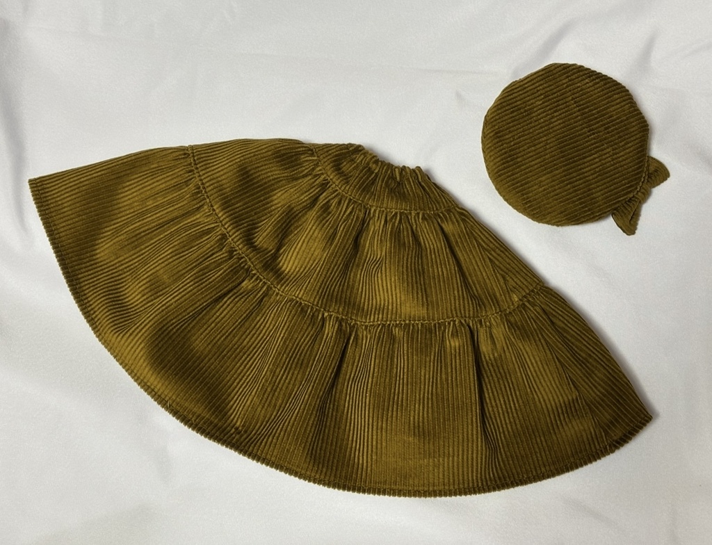 三段ティアードスカート+ベレー帽セット(カラシ)